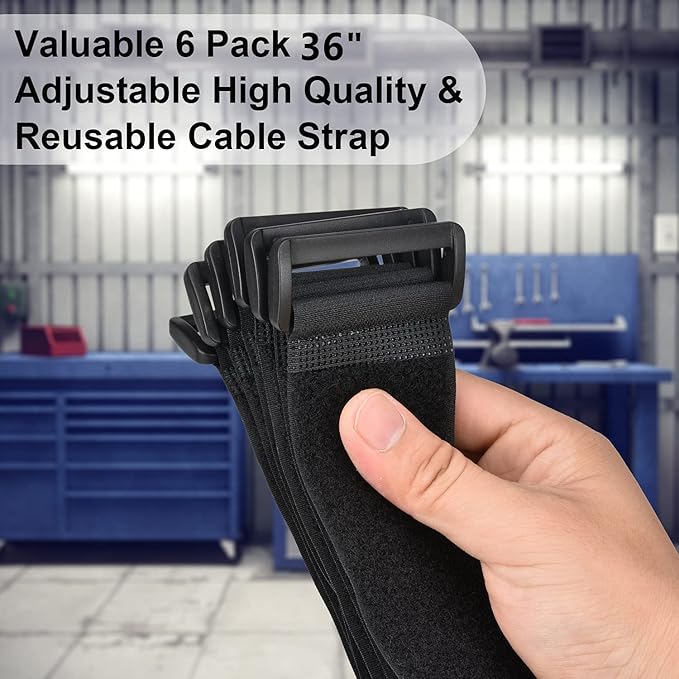 2 x 36 Inch Hook and Loop Cable Tie, 6 Pack Heavy Duty Adjustable Fastening Adhesive Cinch Strap with Plastic D-ring Buckle, Multi-Purpose Reusable Cord Organizer by Cacturism