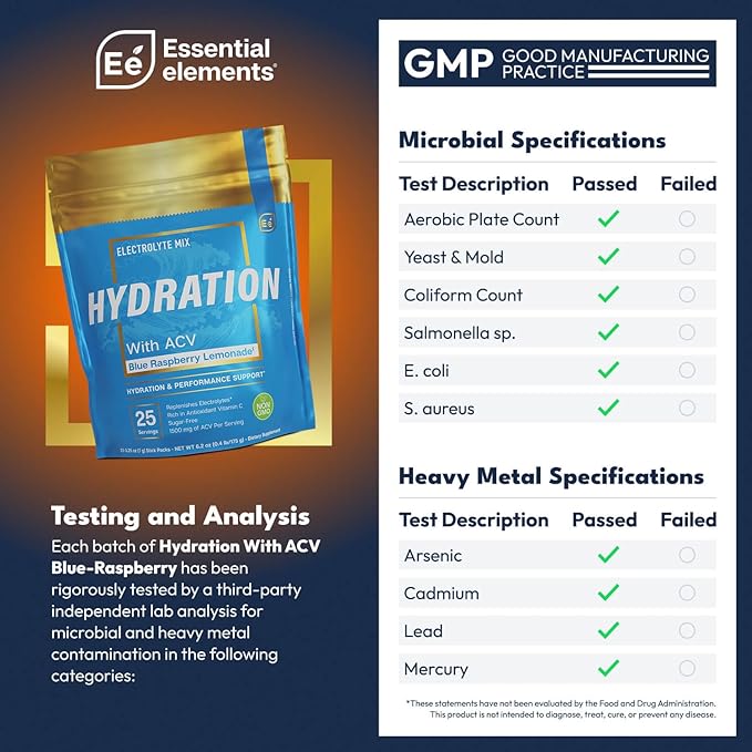 Essential Elements Hydration Packets - Blue Raspberry Pack - Sugar Free Electrolytes Powder Packets - 25 Stick Packs of Electrolytes Powder No Sugar - Hydration Drink - with ACV & Vitamin C