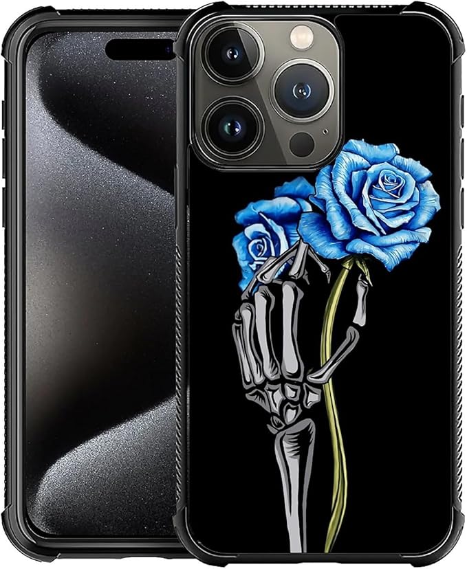 for iPhone 16 Pro Max Case, Skeleton Holding Blue Rose Pattern Graphic Design Girl Boy Soft Silicone Hard Acrylic Shock Protection for iPhone 16 Pro Max