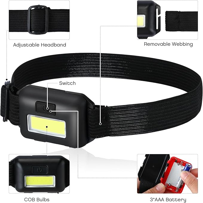48 Pack LED Headlamp Flashlight Bright Waterproof Head Lamp Torch Cob Flood Head Light Bulk 800 lumens with 3 Modes 144 AAA Batteries for Adult Running Camping Night Survival(Multicolor)