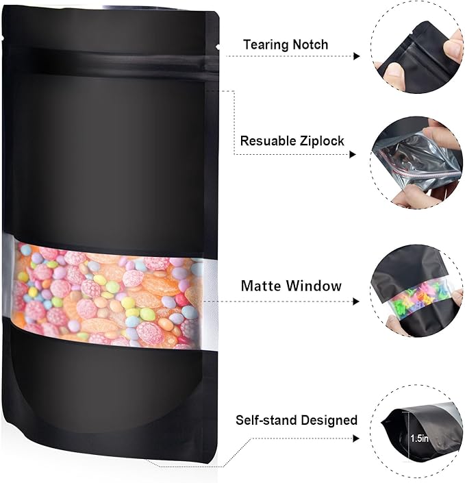 4.7"x7.8" 120pcs Mylar Bags for Food Storage,Smell Proof Bag with Matte Window Resealable Food Storage Bags for Small Business, Stand-up Foil Pouch Packaging Freeze Dried Candy Bag(Black)