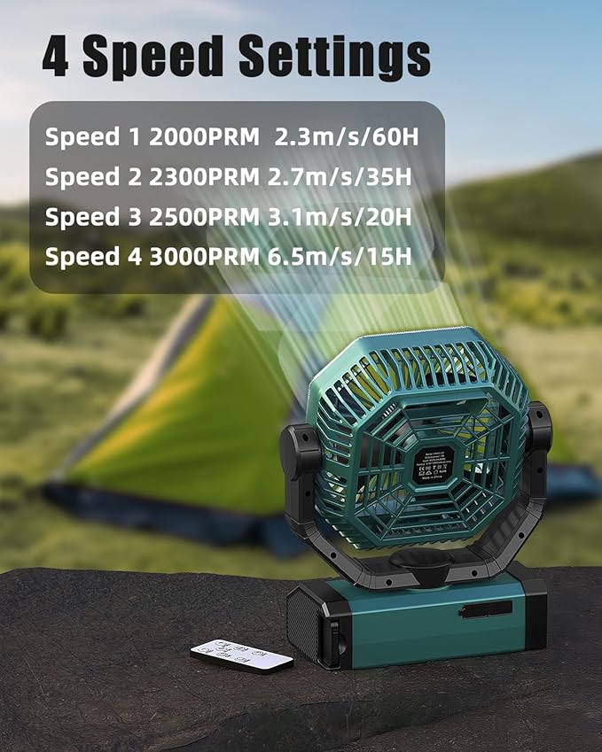Portable Rechargeable Fan - 9-Inch Camping Fan for Tent, 24000mAh(60Hrs) Battery Operated Fan for Camping, Auto Oscillation Cordless Fans, Tent Fan with Remote/Light, 4 Speeds, 4 Timing, Outdoor