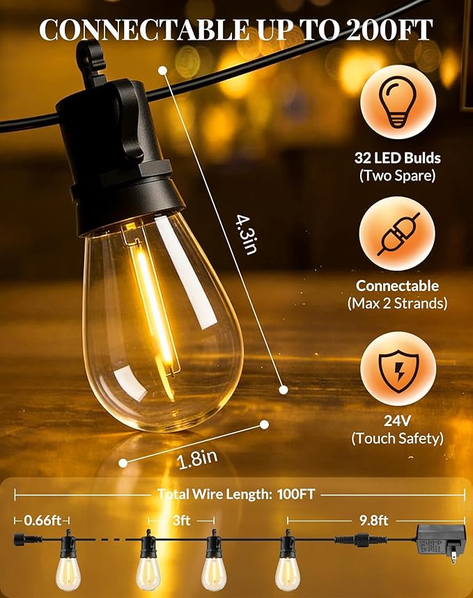 Outdoor String Lights LED Patio-Light - 100Ft Outside Waterproof Dimmable Porch Lights with Remote Shatterproof S14 Bulbs Outside Hanging Light Connectable Lighting for Gazebo Backyard Bistro Pergola