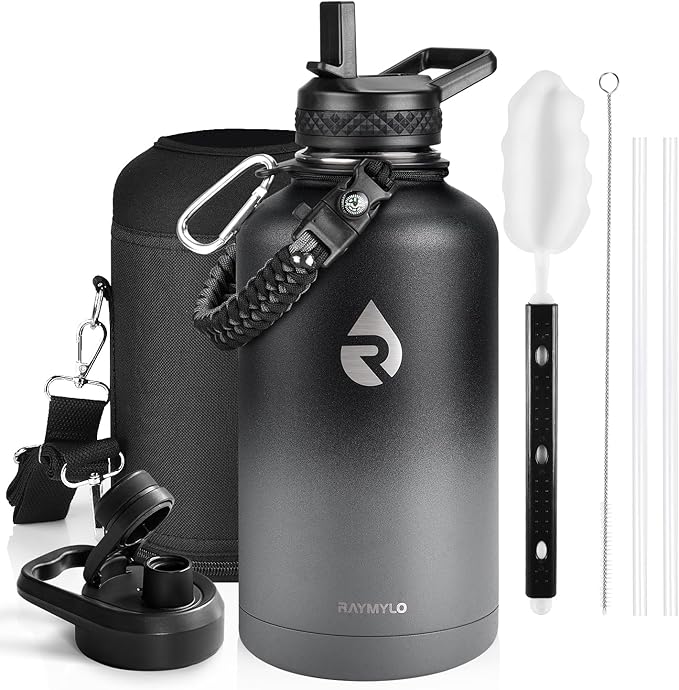 RAYMYLO Insulated Water Bottle 64 oz, Triple Wall Vacuum Stainless Steel (Cold for 48 Hrs), Leak Proof & Non-BPA, Half Gallon Water Flask Jug with Paracord Handle & Straw Spout Lids, Dark Gray