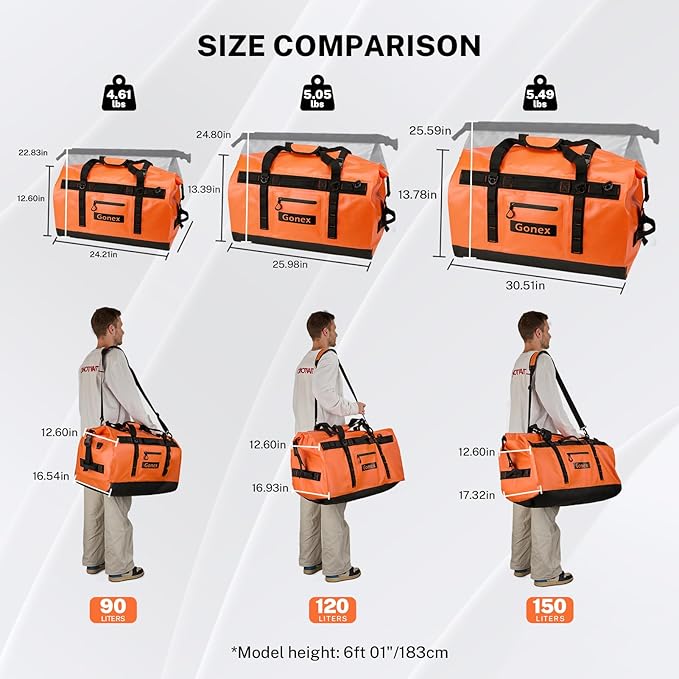 Gonex Waterproof Duffel Bag, 120L Heavy Duty Dry Duffle Bag with Reinforced Thickened Bottom, 3-in-1 Convertible Large Travel Backpack for Kayaking, Motorcycle, Camping & Boating, Orange