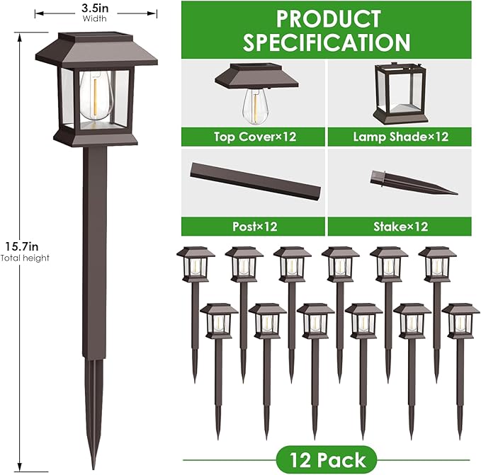 Benany Solar Outdoor Lights, 12 Pack Solar Pathway Lights Waterproof, Landscape Lighting for Path Walkway Lawn Garden Yard Outside Décor, Brown