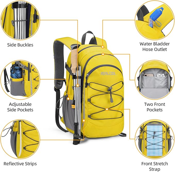 RealCool Hiking Backpack for Men Women,30L Lightweight Waterproof Travel Camping Backpack Hiking Daypack for Cycling Running,Yellow