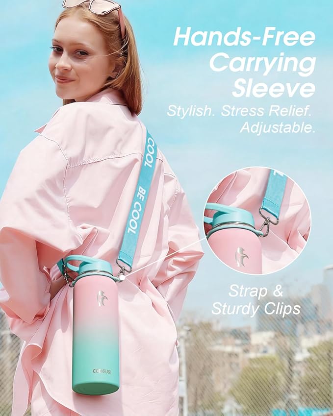 Coolflask Water Bottle with Straw, 40 oz Insulated Metal Water Flask with Straw & Spout Lids, Stainless Steel Double Wall Vacuum, Keep Cold 48h Hot 24h, Leak Proof, BPA-Free, Bubblegum Princess