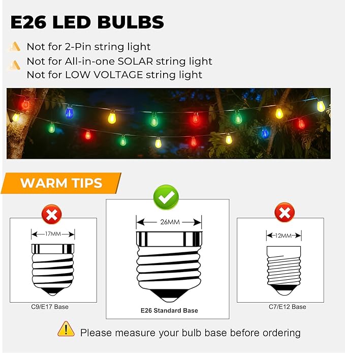 GvvooHome 24 Pack S14 Colored LED String Light Bulbs, 1W Plastic Shatterproof Replacement Bulbs for Outdoor Patio Backyard Lights, E26 Medium Base, Warm White 2200K, Dimmable, Red/Green/Blue/Orange