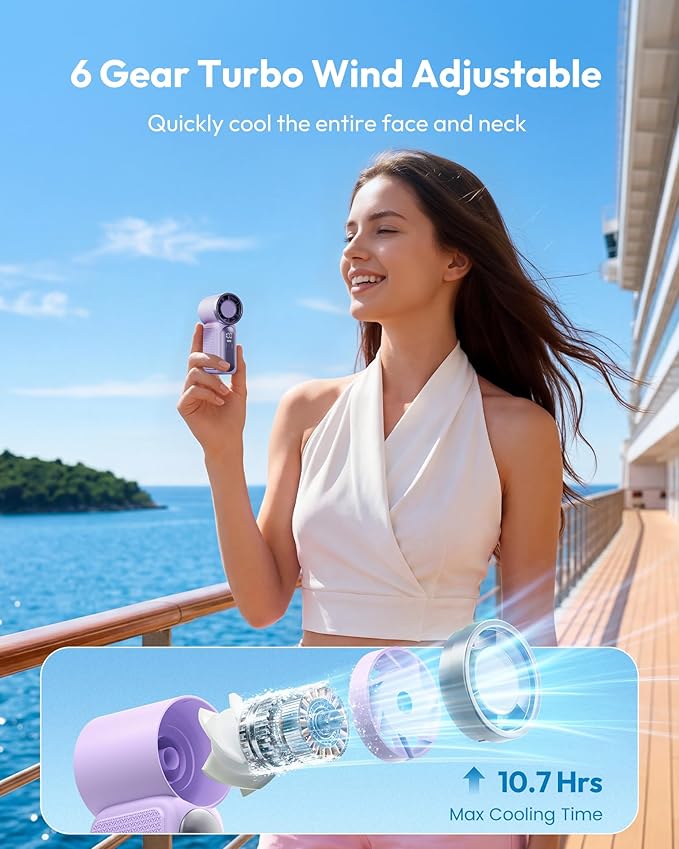Gaiatop Portable Handheld Mini Fan, 6 Speeds 16900 RPM High Velocity Personal Fan with LED Display, USB Rechargeable, Mini Fan with Lanyard for Makeup, Travel, Outdoor, for Women Girl Gift, Purple