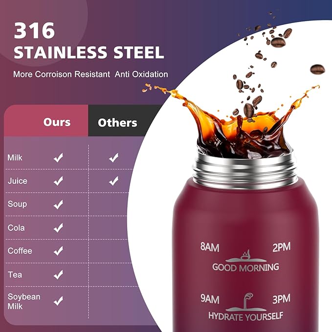 SLUXKE Insulated Water Bottle 32oz with 2Lids(Straw Lid & Spout Lid), 1L Double Walled Water Bottle with Time Marker, 1000ml Stainless Steel Metal Flask for Fitness, Gym and Outdoor RED BLACK