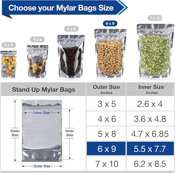 BELLE KR® 6x9 Mylar Bags Stand Up - Pack Of 300-7.5mil Thick - Clear Mylar Bags with See Through Window for Freeze Dryer
