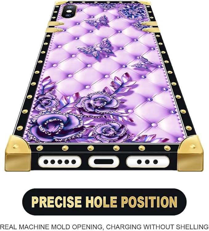 Compatible with iPhone XR Case, Purple Butterfly Flowers Leaf Luxury Golden Decoration for Girl Women Soft TPU Shockproof Protective Hard PC Back for iPhone XR