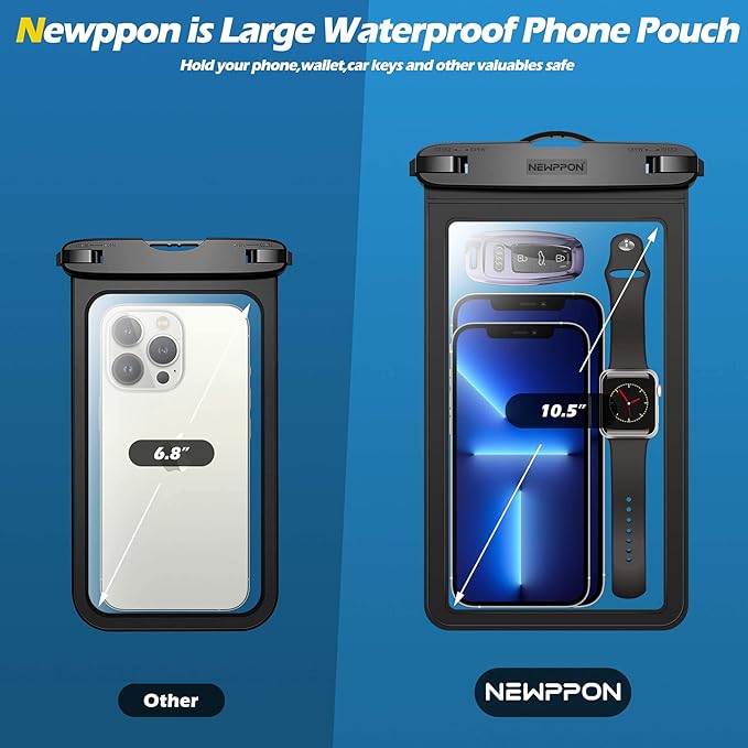 10.5" XL Large Waterproof Phone Pouch - 2 Pack Underwater Clear Cellphone Holder - Universal Water-Resistant Dry Bag Case with Neck Lanyard for iPhone Samsung Galaxy for Beach Swimming Pool