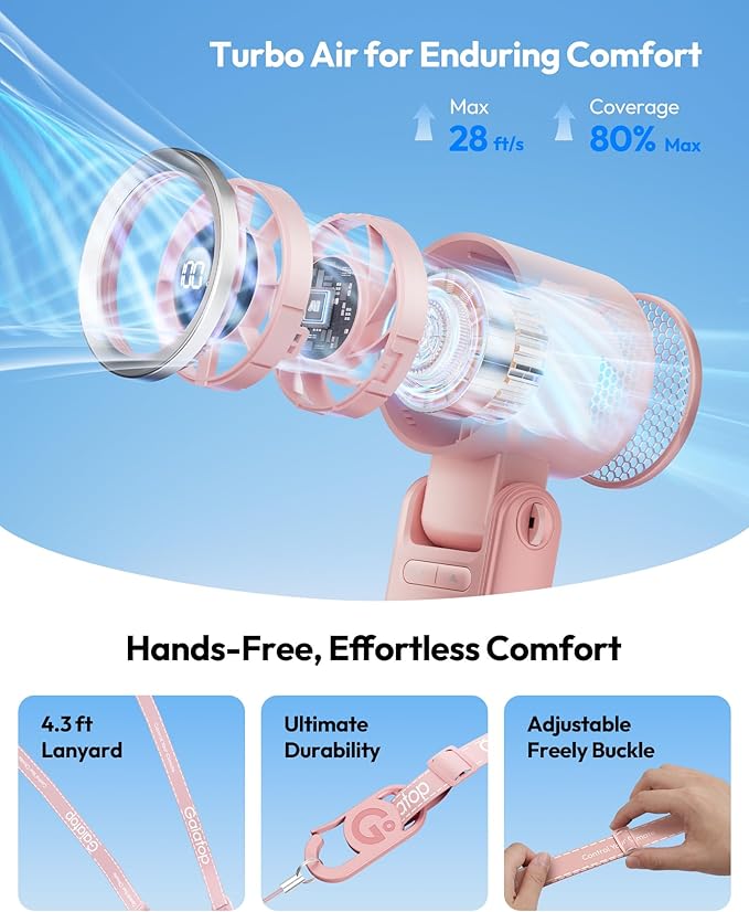 Gaiatop Portable Handheld Turbo Fan, 15 Hrs Cooling, 180° Foldable 4-in-1 Hand Held Fans, 6-Speed (1-100) Personal Mini Handheld Fans, Small Portable Fan for Travel, Working, Outdoor Women Gifts, Pink