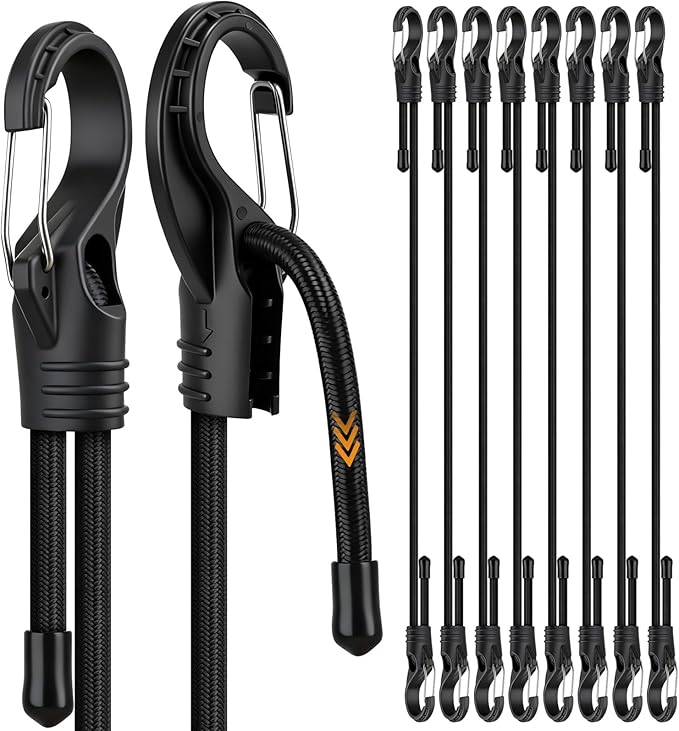 8-Piece 48-inch Adjustable Bungee Cords with Hooks, Heavy Duty Outdoor Carabiner Bungee Straps, Easily Adjust from 7" to 48", Black Super Elastic Cord for Cargo, Camping, Bike Racks, Tents