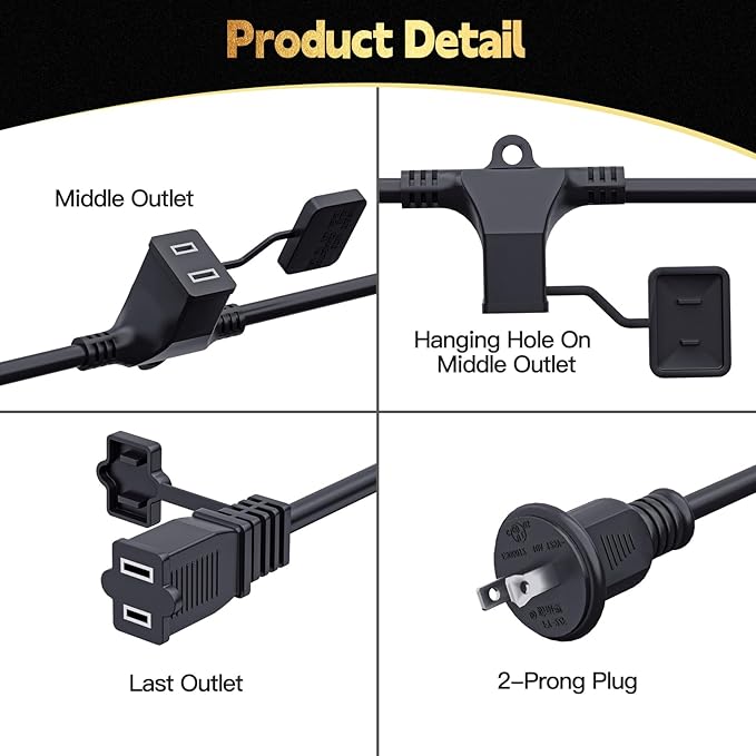 25FT Outdoor Extension Extension Cord for Halloween Christmas Inflatables with Multiple Outlets Black Electrical Cord with Multiple Plugs Outdoor Christmas Blow Up Decorations Light Extension Cords