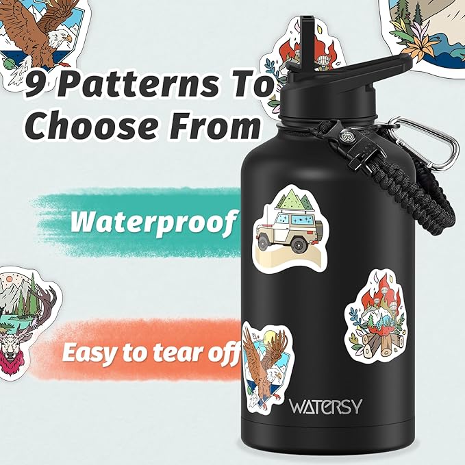 64oz Insulated Water Bottle (Cold for 48 Hrs),BPA Free&Leak Proof,Half Gallon Stainless Steel Water Flask,Water Jug with Straw Spout Lids for Gym,Hiking,Camping,Black