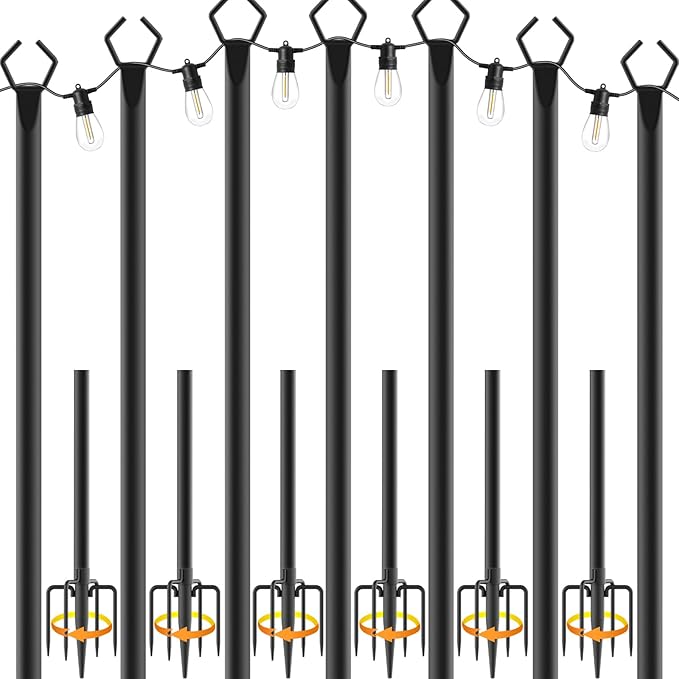 NUERPO 7 Pack String Light Poles,Metal Poles for Hanging Outdoor Light Strings,7 Pack 10 FT Light Poles Stand for Outside Garden,Patio,Wedding,Backyard,Deck,Party