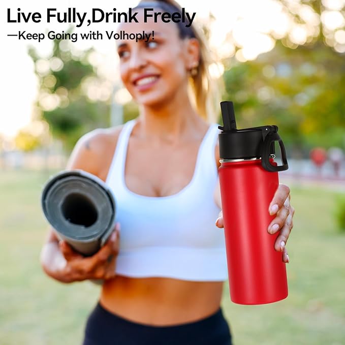 Volhoply 18oz Insulated Water Bottle Bulk 4 Pack,Kids Stainless Steel Water Bottles with Straw,Double Wall Vacuum Metal Water Bottle,Wide Mouth Reusable Sport Flask For Cold Drink(Red,4 Set)