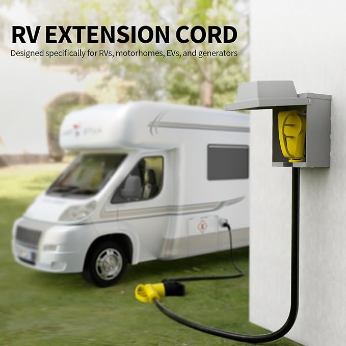 POWGRN 30 Amp RV Extension Cord 15 FT Outdoor with Grip Handle, Flexible Heavy Duty 10/3 Gauge STW 3 Prong RV Power Cord with Cable Organizer, NEMA TT-30P to TT-30R, Black-Yellow, ETL Listed
