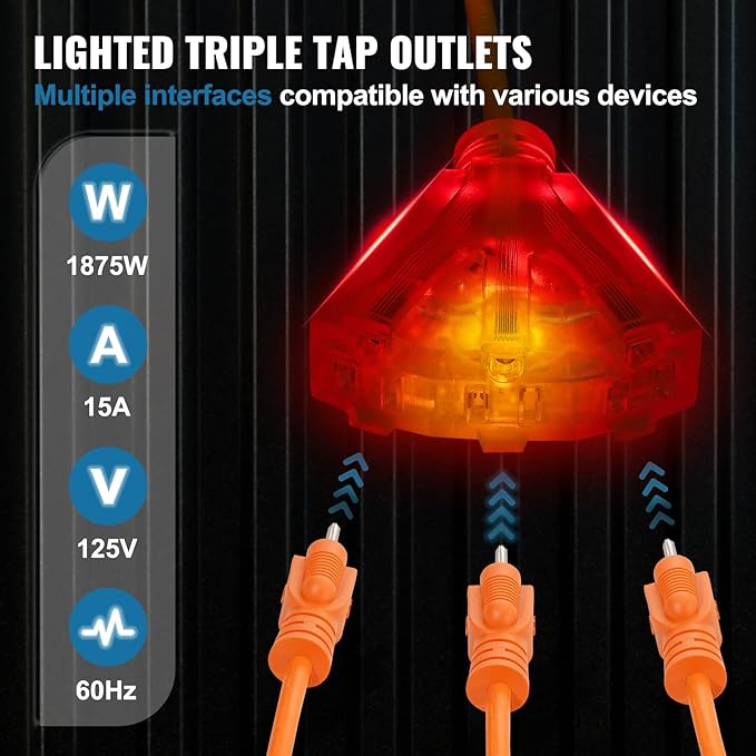 VEVOR 80FT Retractable Extension Cord Reel, 12AWG/3C SJTOW Heavy Duty Power Cord w/Lighted Electrical Triple Tap Outlets, 15A Circuit Breaker,180° Swivel Bracket for Workshop or Garage, Red