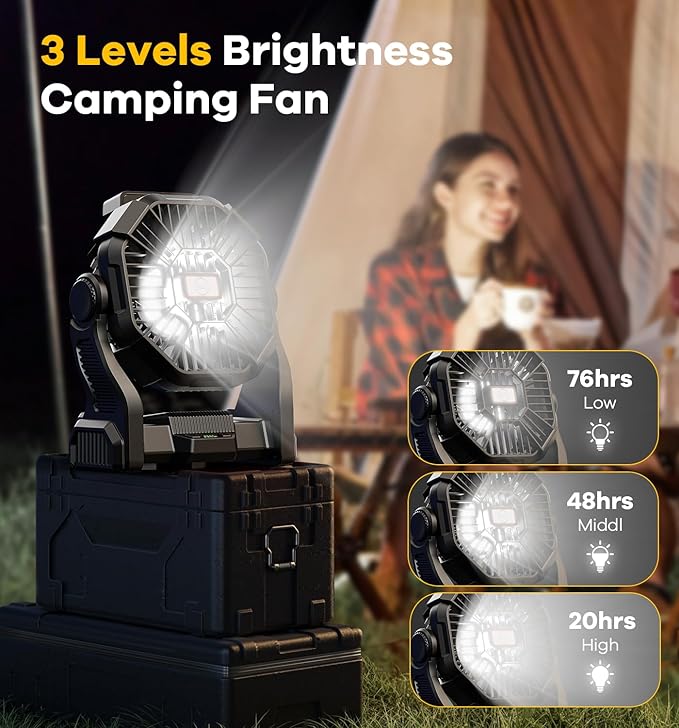 DOWILLDO 20000mAh Portable Battery Powered Camping Fan - with LED Light, Quiet Battery Operated, Camping Gear for Travel, Tent, Beach, Car or Hurricane Power Outages, Black