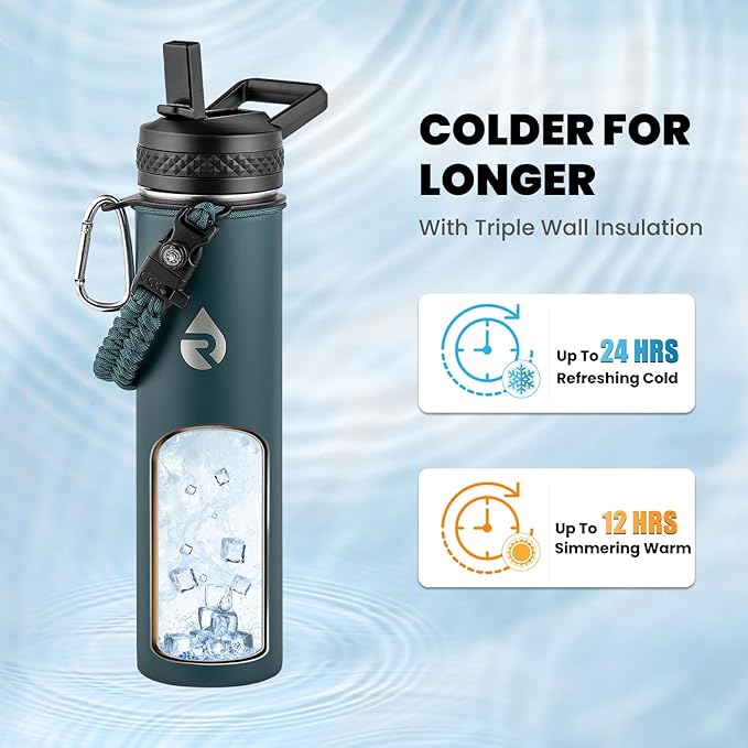 RAYMYLO Insulated Water Bottle 24oz, Triple Wall Vacuum Stainless Steel (Cold for 24Hrs, Hot for 12Hrs), Leak Proof & Non-BPA, 24oz Hydro Water Flask with Paracord Handle & Straw Spout Lids