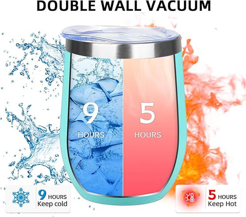 12oz/4 Pack Wine Tumbler Glasses with Lid Stemless Double Wall Vacuum Stainless Steel Travel Tumbler Keeping Cold & Hot for Wine,Coffee,Cocktails,Christmas Drinks-Family and Gifts(Multi color-5)