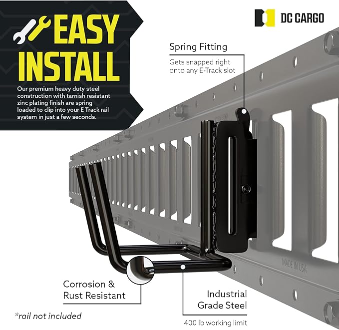 DC Cargo Mall Dual Arm Tool Hook Hanger E Track Accessories 3" Deep (4 Pack) - Garage Wall Mount, Truck, Enclosed Trailer, Storage ETrack System
