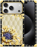 for iPhone 17 Pro Case Luxury Golden Decoration for Girl Women Soft TPU Shockproof Protective Hard PC Back for iPhone 17 Pro Crazy Pattern Sunflower Diamonds Leather