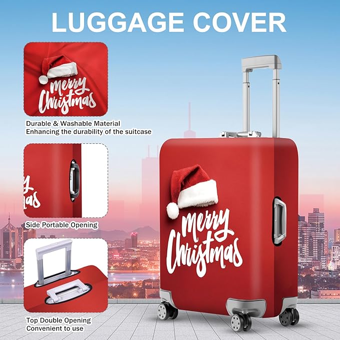 ANNA QUEEN Merry Christmas Luggage Cover, Santa Hat Holiday Design Suitcase Protector, Stretchable Washable Travel Sleeve for 24-26 Inch Luggage