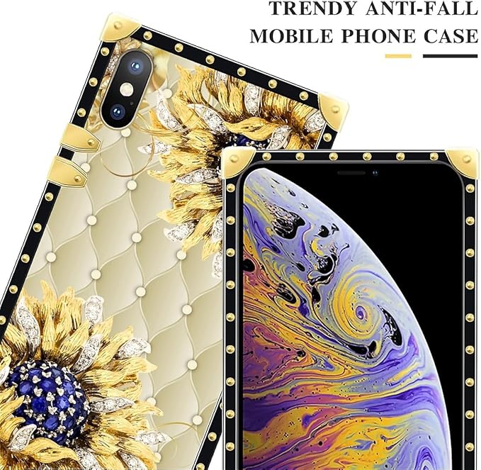 Compatible with iPhone Xs Max Case, Sunflower Diamonds Leather Luxury Golden Decoration for Girl Women Soft TPU Shockproof Protective Hard PC Back for iPhone Xs Max