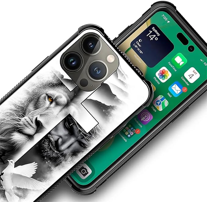 for iPhone 14 Pro Max Case, Lion Cross Jesus Christ Dove Pattern Graphic Design Girl Boy Soft Silicone Hard Acrylic Shock Protection for iPhone 14 Pro Max