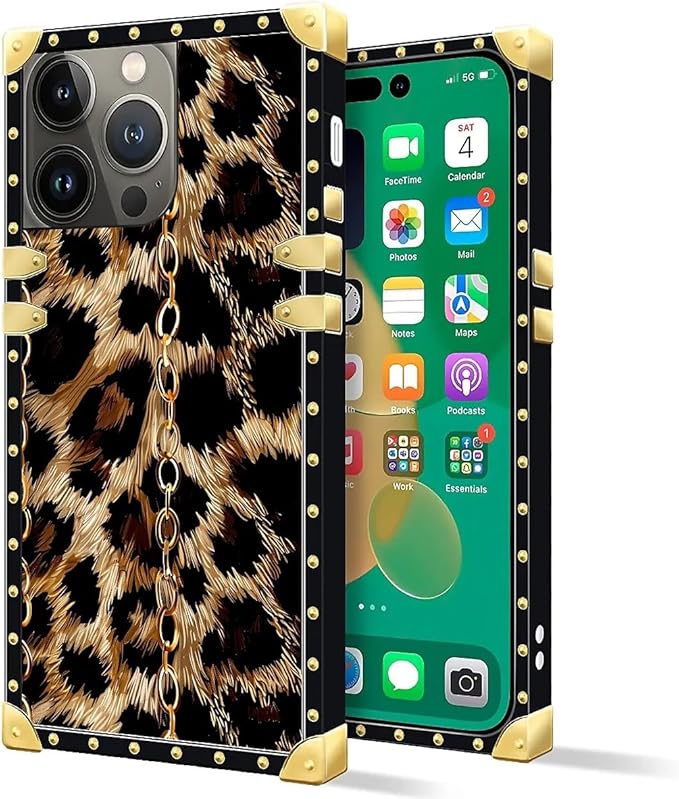 Compatible with iPhone 14 Pro Case, Seamless Gold Chain Leopard Luxury Golden Decoration for Girl Women Soft TPU Shockproof Protective Hard PC Back for iPhone 14 Pro