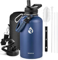 RAYMYLO Insulated Water Bottle 64 oz, Triple Wall Vacuum Stainless Steel (Cold for 48 Hrs), Leak Proof & Non-BPA, Half Gallon Water Flask Jug with Paracord Handle & Straw Spout Lids, Navy Blue