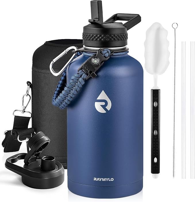 RAYMYLO Insulated Water Bottle 64 oz, Triple Wall Vacuum Stainless Steel (Cold for 48 Hrs), Leak Proof & Non-BPA, Half Gallon Water Flask Jug with Paracord Handle & Straw Spout Lids, Navy Blue