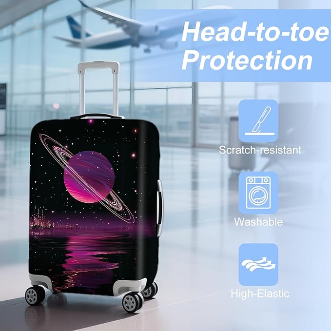 ANNA QUEEN Cosmic Purple Saturn Luggage Cover-Stretchable,Water Resistant & Durable Suitcase Protector,Universal Washable Fit for 24-26 Inch Checked Baggage