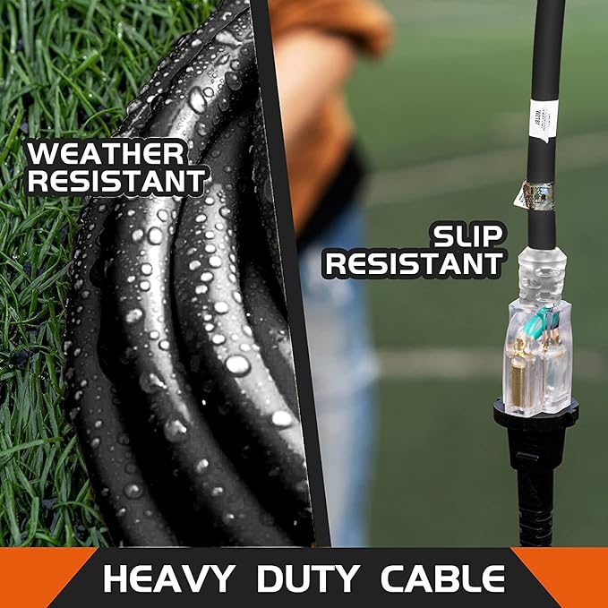 Indoor Outdoor Extension Cord Weatherproof with Lighted End, UL Certified, 14 Gauge 20FT Black 3 Prong Heavy Duty, 14/3 SJTW 15A Power Cord for Outdoor Lights, Lawn