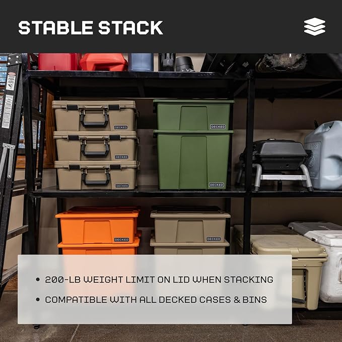 DECKED Payloader 64 L (3-Pack) - 200 lb Load Rated, Heavy-Duty Stackable Garage Storage Bins - Blaze Orange