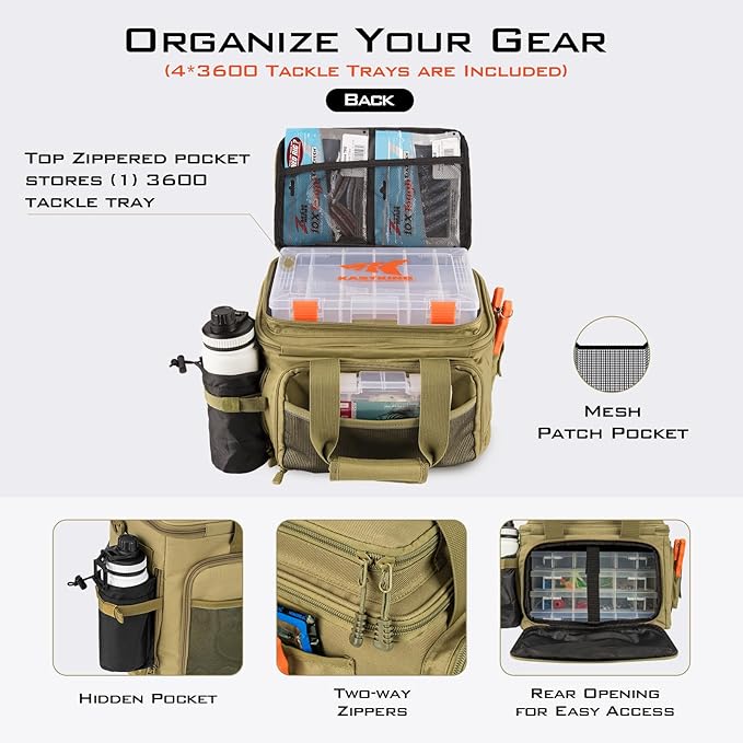 KastKing Karryall Fishing Tackle Bags with 4 * 3600 Tackle Trays - Saltwater & Freshwater Fishing Gear Storage