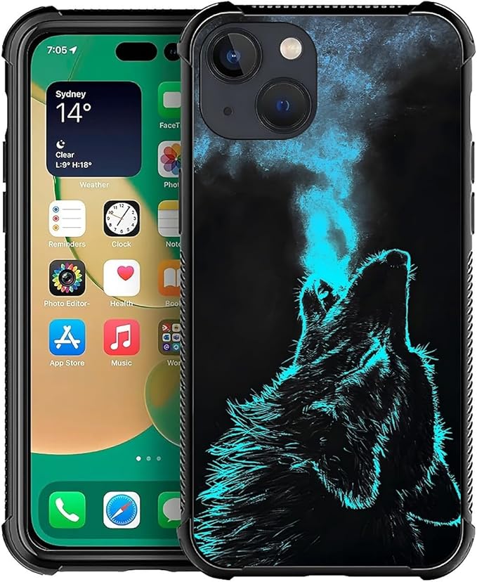 for iPhone 14 Plus Case, Blue Breathing Wolf Pattern Graphic Design Girl Boy Soft Silicone Hard Acrylic Shock Protection for iPhone 14 Plus