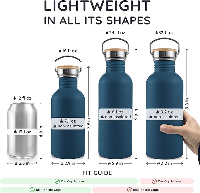Bambaw Non-Insulated Stainless Steel Water Bottle 32oz (1 Liter) - Single Wall, Dishwasher Safe, With Handle, Reusable, Large - Aegean Blue