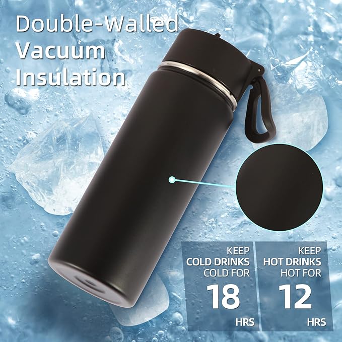 Volhoply 18oz Insulated Water Bottle Bulk 2 Pack,Kids Stainless Steel Water Bottles with Straw Lid,Wide Mouth Reusable Metal Bottle,Double Wall Vacuum Sports Flask For Cold Drink(Black,2 Set)