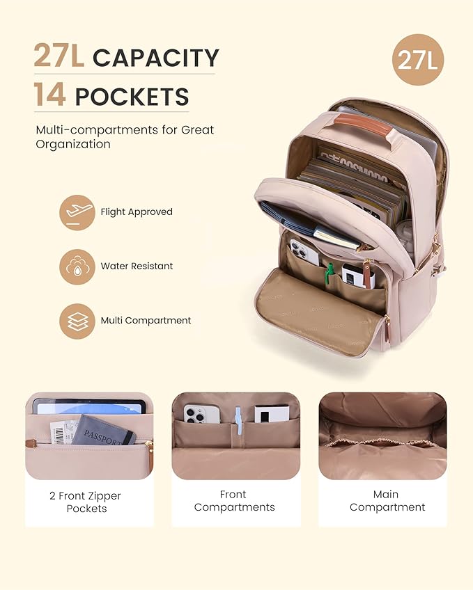 LOVEVOOK Laptop Backpack for Women with Leather Trim & Tumbler Pockets, 15.6" Work Backpack Purse, Travel Personal Item Bag, Carry On Business Computer Bag for Office, School, or Gift, Soft Milk