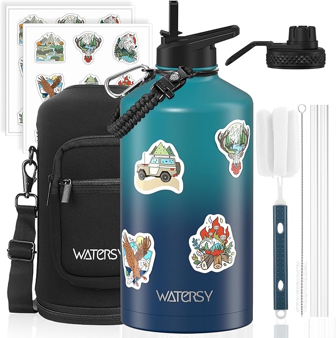1 Gallon Water Bottle Insulated(Cold for 48 Hrs),BPA Free&Leak Proof,128oz Stainless Steel Water Jug,Large Water Bottle with Straw Spout Lids for Gym,Hiking,Camping&Travel,Gradient Blue