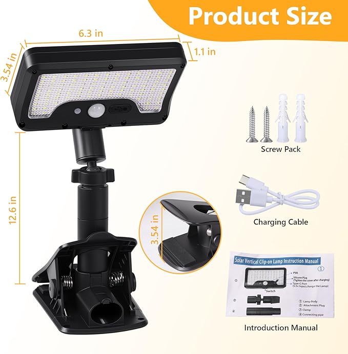 Clip on Solar Lights Outdoor with Motion Sensor, 360°Rotatable & Vertically Adjustable Solar Fence Lights with 92 LEDs (600 LM, 6000 K), IP65 Waterproof Security Light for Chain Link, Gutter, Camping