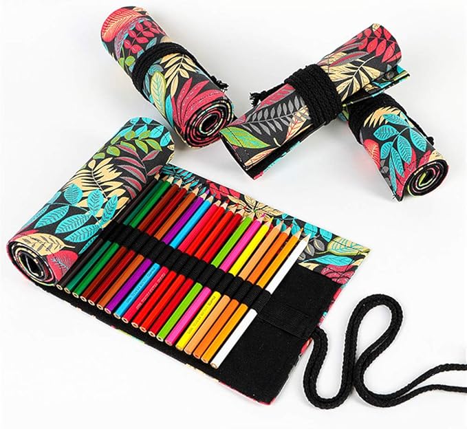 Funny live 24/36/48/72 Slots Colored Pencil Wrap Roll up Pen Holder Case Drawing Coloring Pencil Roll Organizer Stationery Case for Student Artist Traveler (Fallen leaves, 36 Slots)