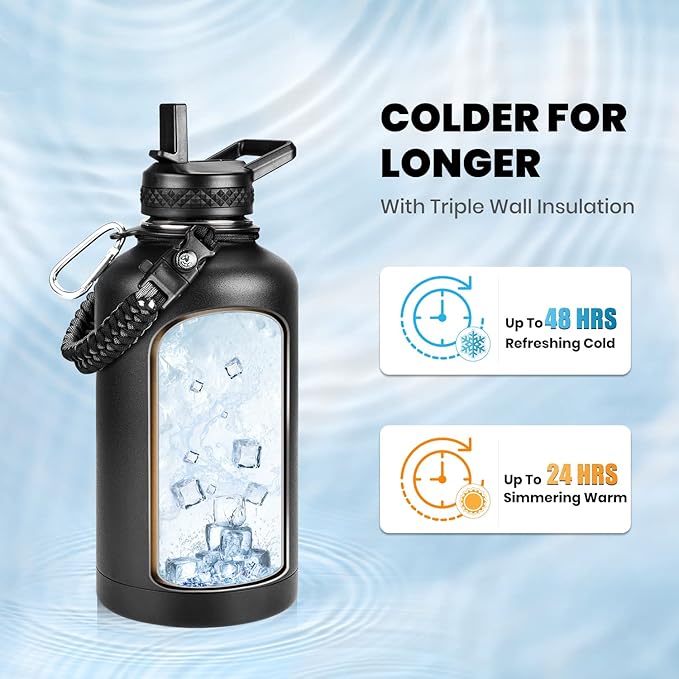 RAYMYLO Insulated Water Bottle 64 oz, Triple Wall Vacuum Stainless Steel (Cold for 48 Hrs), Leak Proof & Non-BPA, Half Gallon Water Flask Jug with Paracord Handle & Straw Spout Lids, Magic Black