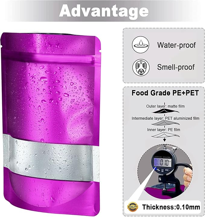 4.7"x7.8" 120pcs Mylar Bags for Food Storage,Smell Proof Bag with Matte Window Resealable Food Storage Bags for Small Business, Stand-up Foil Pouch Packaging Freeze Dried Candy Bag(Purple)